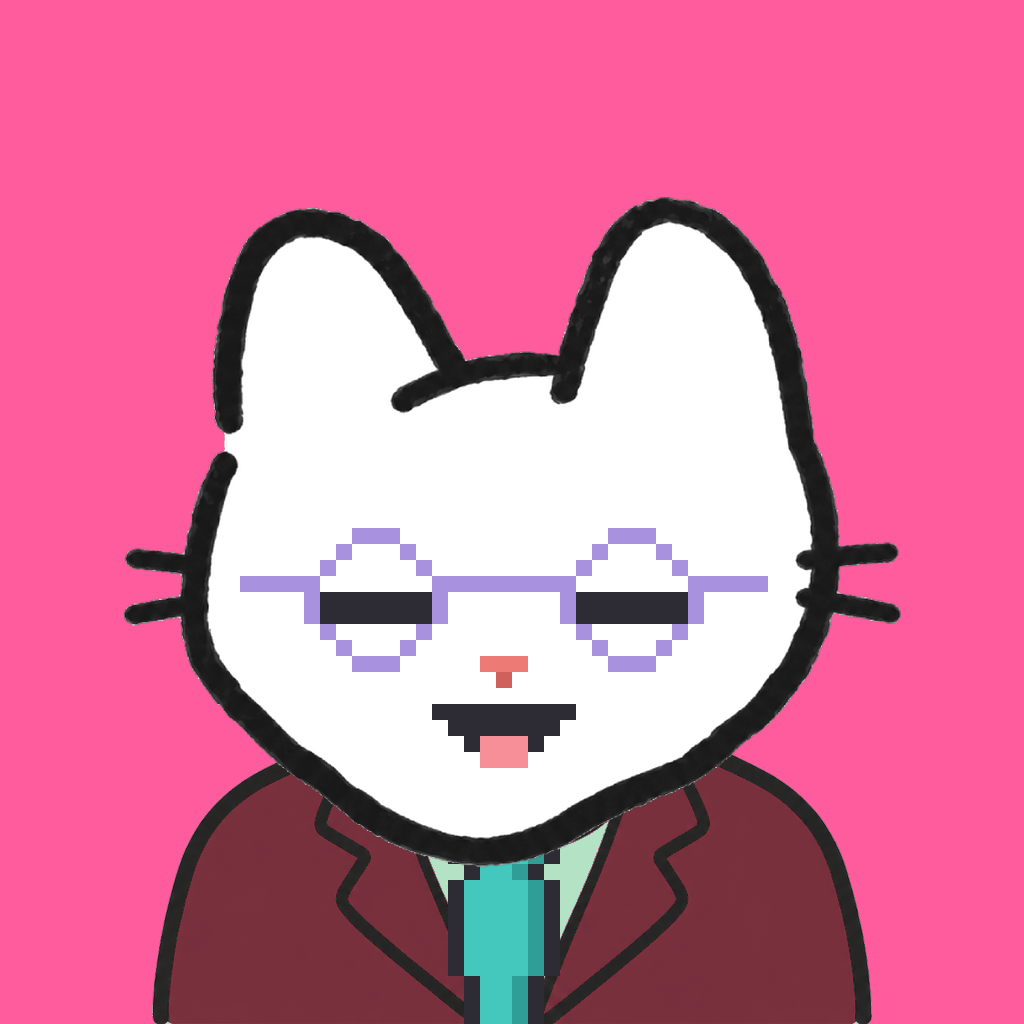Employee #2889 — a white cat, in a burgundy suit, with a teal tie, wearing round-lavender glasses, on hot pink
