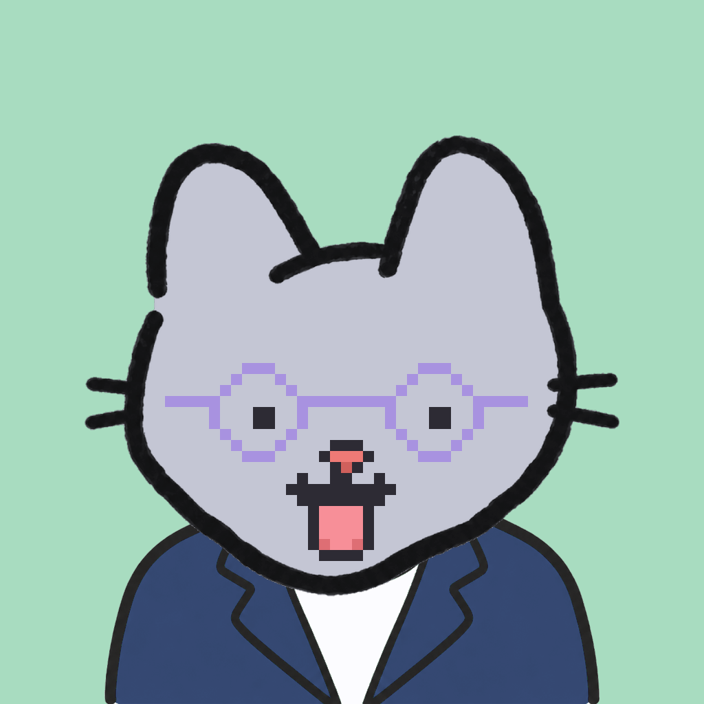 Employee #0289 — a gray cat, in a navy suit, wearing round-lavender glasses, on mint