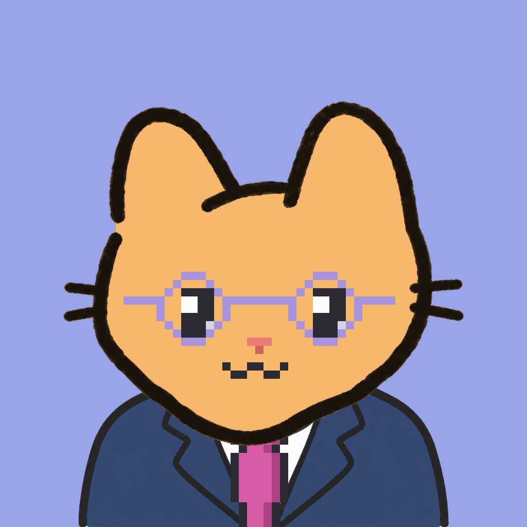 Employee #2890 — a tabby cat, in a navy suit, with a magenta tie, wearing round-lavender glasses, on periwinkle