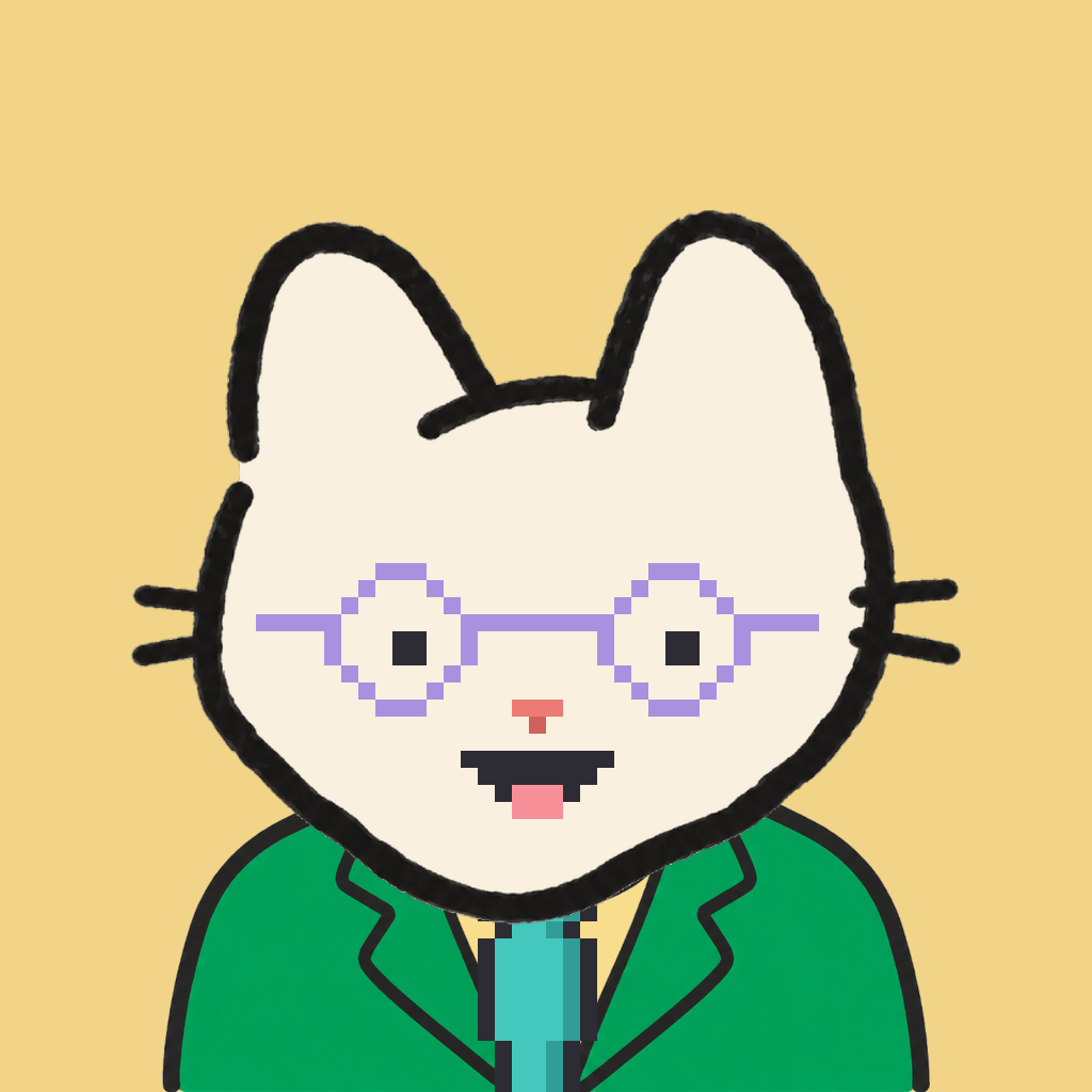 Employee #2891 — a cream cat, in a green suit, with a teal tie, wearing round-lavender glasses, on butter