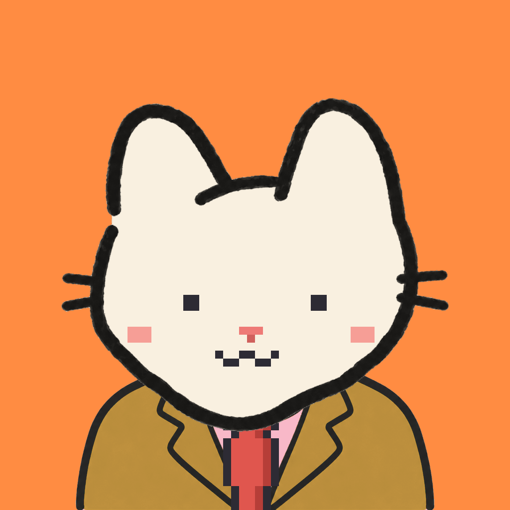 Employee #2892 — a cream cat, in a mustard suit, with a red tie, on tangerine