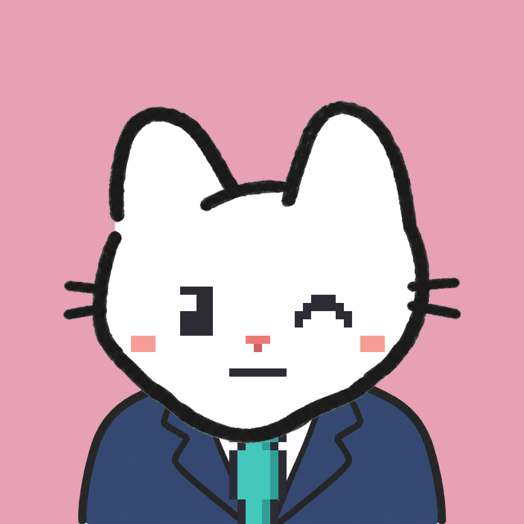 Employee #2893 — a white cat, in a navy suit, with a teal tie, on rose