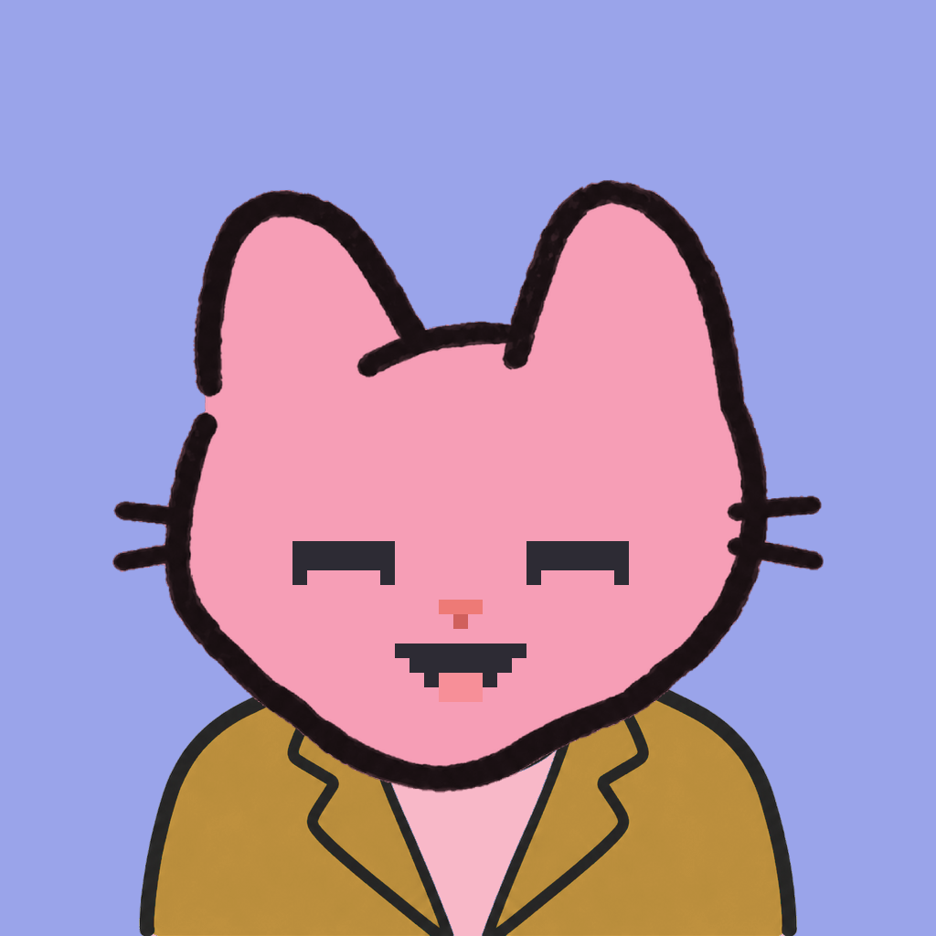 Employee #2895 — a pink cat, in a mustard suit, on periwinkle