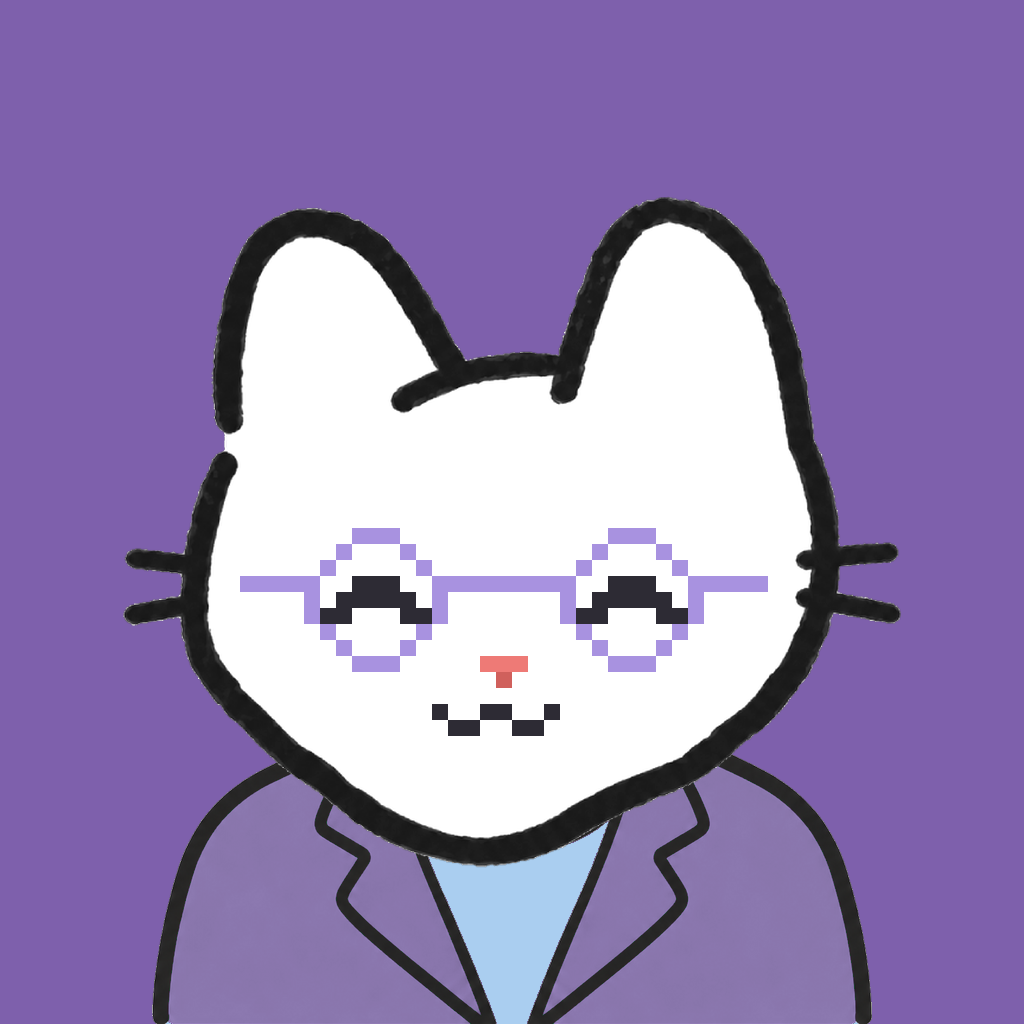 Employee #2896 — a white cat, in a lavender suit, wearing round-lavender glasses, on plasma violet