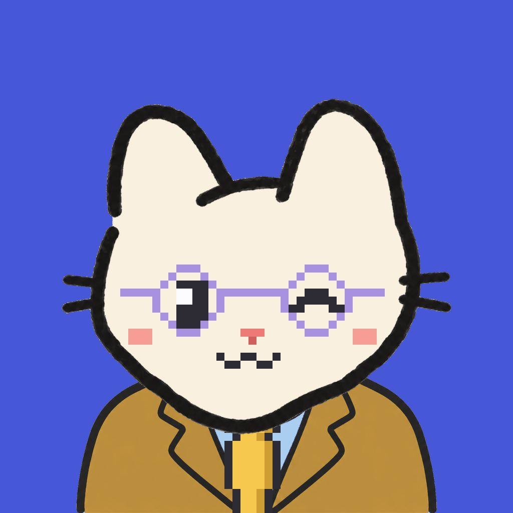 Employee #2897 — a cream cat, in a mustard suit, with a gold tie, wearing round-lavender glasses, on royal