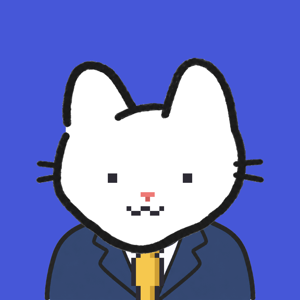 Employee #2898 — a white cat, in a navy suit, with a gold tie, on royal