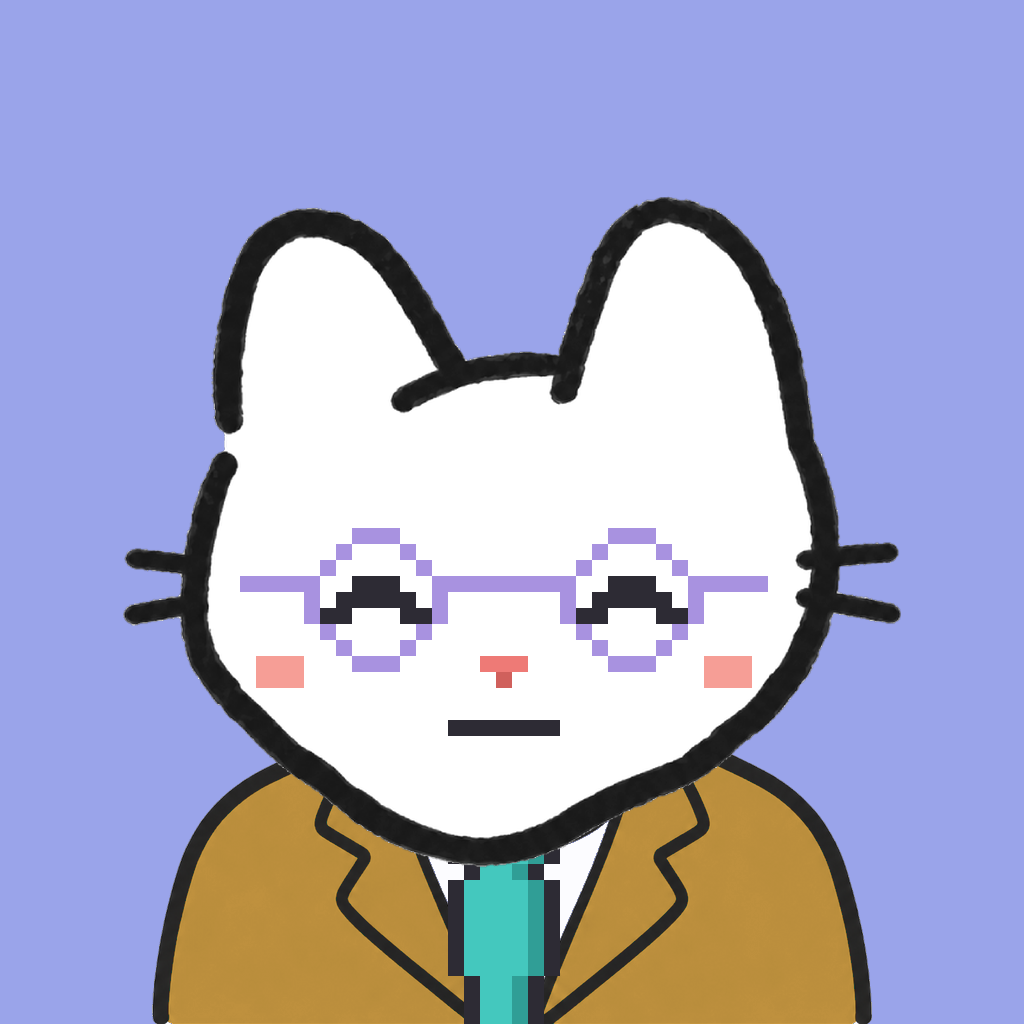 Employee #2899 — a white cat, in a mustard suit, with a teal tie, wearing round-lavender glasses, on periwinkle