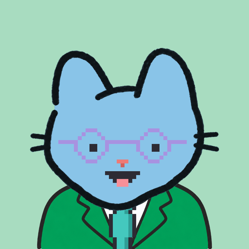 Employee #0029 — a sky cat, in a green suit, with a teal tie, wearing round-lavender glasses, on mint