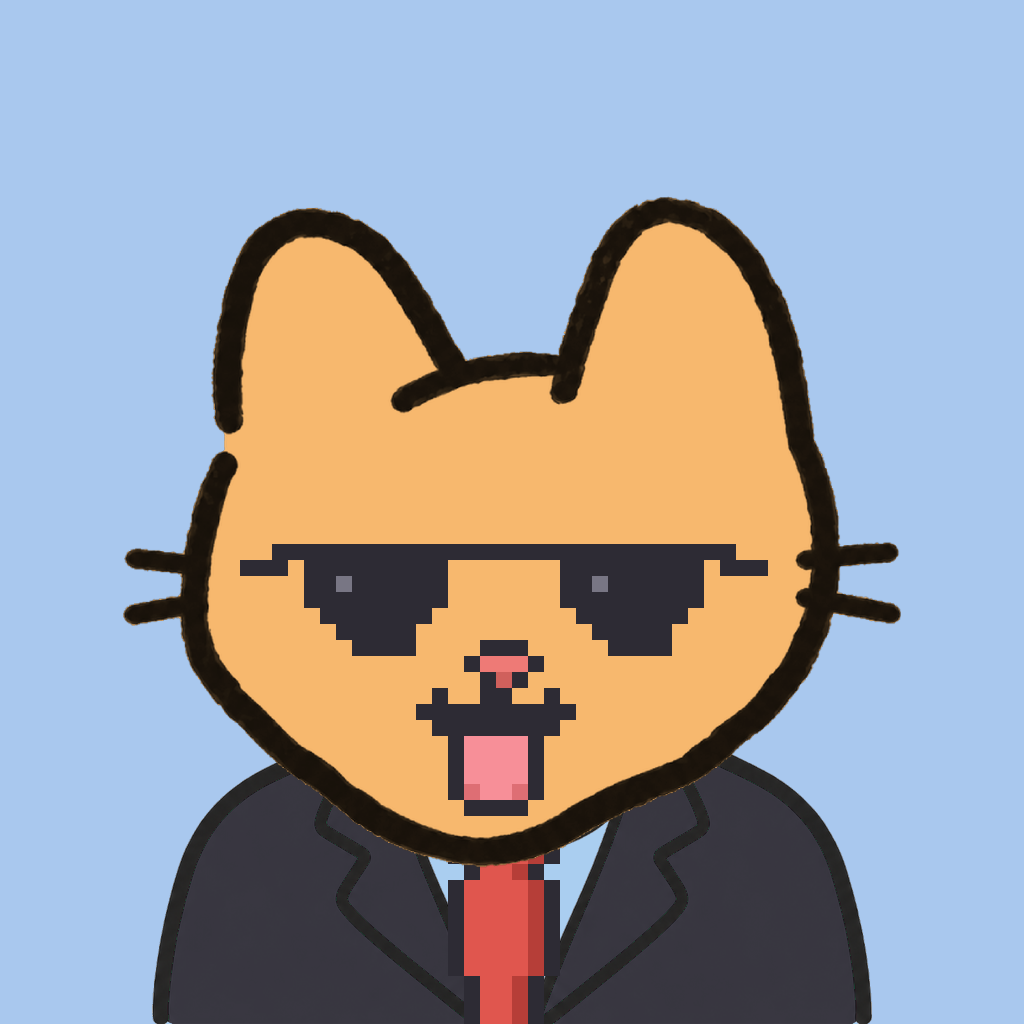 Employee #0290 — a tabby cat, in a black suit, with a red tie, wearing shades glasses, on sky