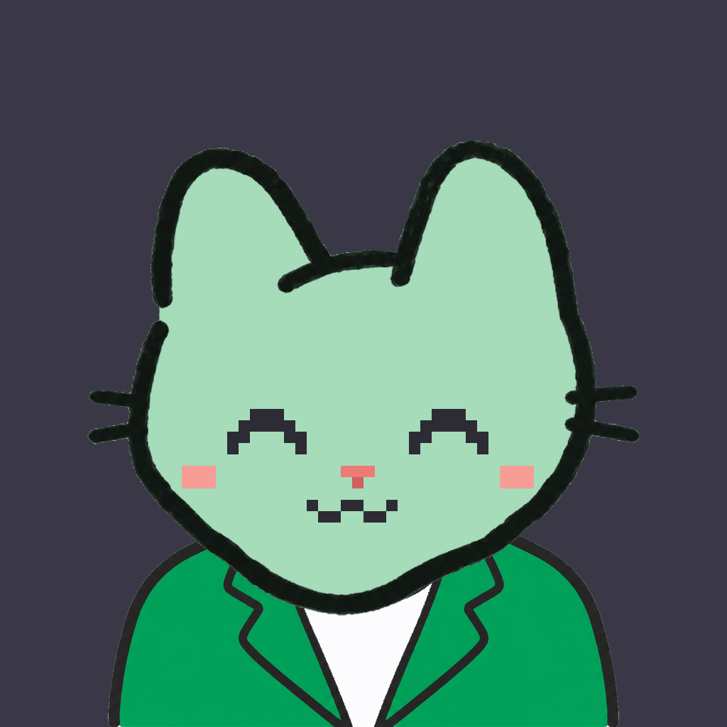 Employee #2900 — a mint cat, in a green suit, on charcoal