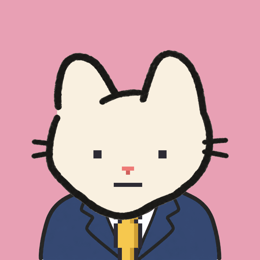Employee #2901 — a cream cat, in a navy suit, with a gold tie, on rose