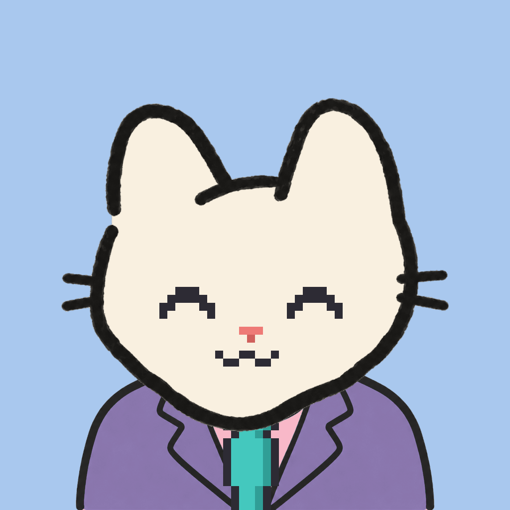 Employee #2902 — a cream cat, in a lavender suit, with a teal tie, on sky