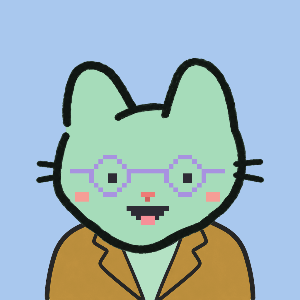 Employee #2903 — a mint cat, in a mustard suit, wearing round-lavender glasses, on sky
