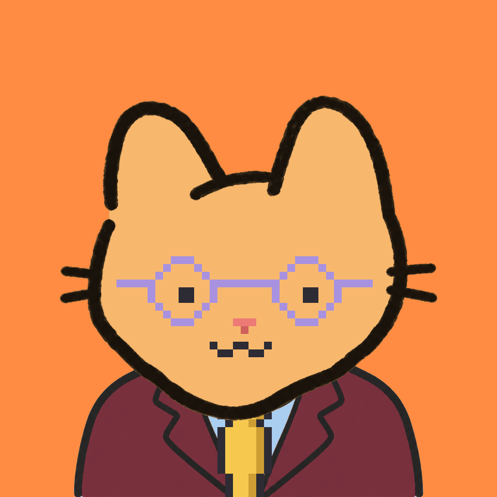 Employee #2904 — a tabby cat, in a burgundy suit, with a gold tie, wearing round-lavender glasses, on tangerine