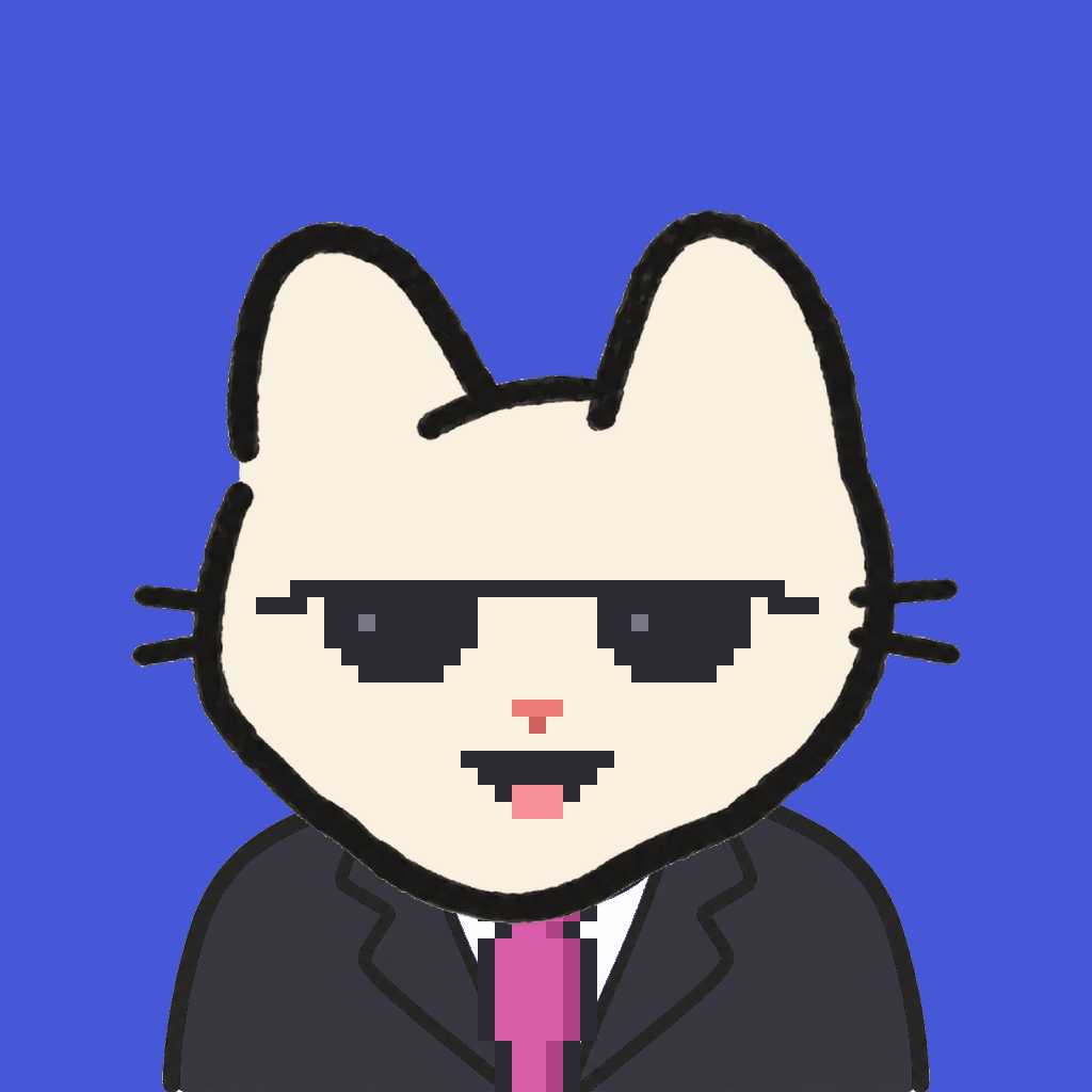 Employee #2905 — a cream cat, in a black suit, with a magenta tie, wearing shades glasses, on royal