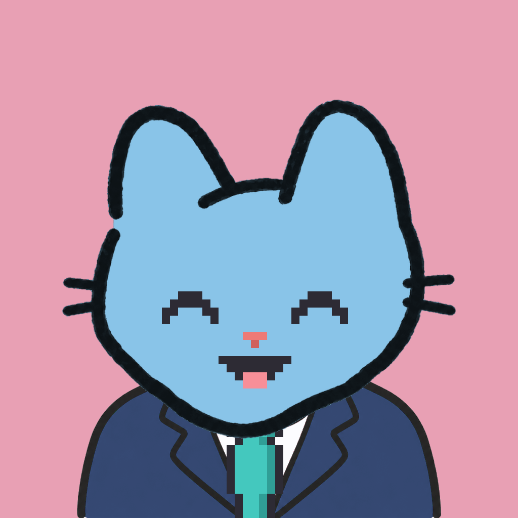 Employee #2906 — a sky cat, in a navy suit, with a teal tie, on rose
