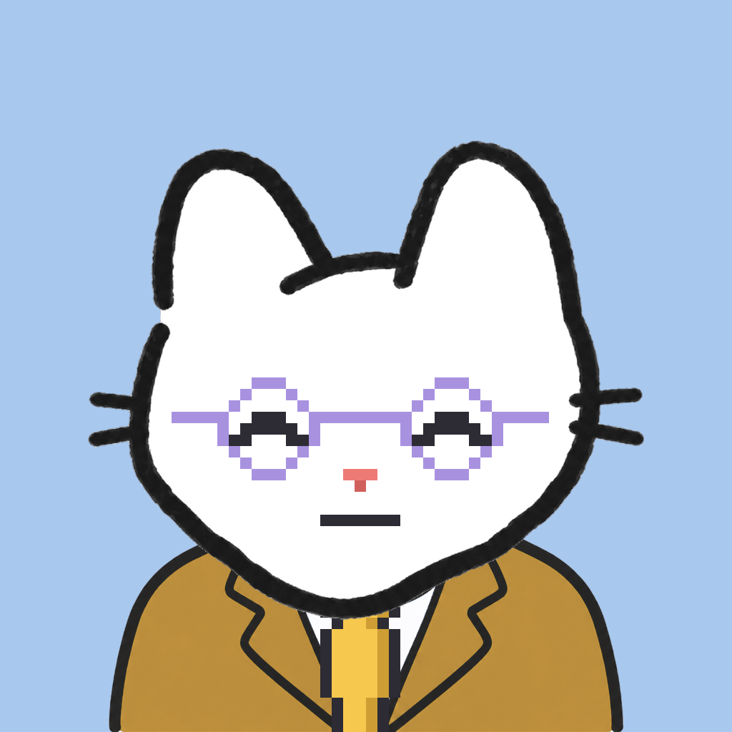 Employee #2907 — a white cat, in a mustard suit, with a gold tie, wearing round-lavender glasses, on sky