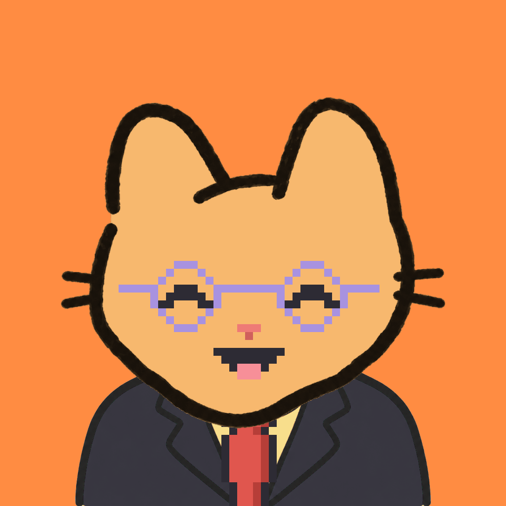 Employee #2908 — a tabby cat, in a black suit, with a red tie, wearing round-lavender glasses, on tangerine