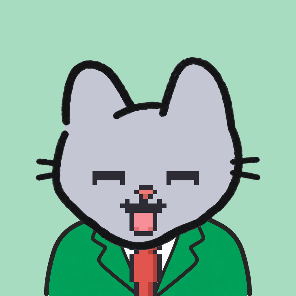 Employee #2909 — a gray cat, in a green suit, with a red tie, on mint
