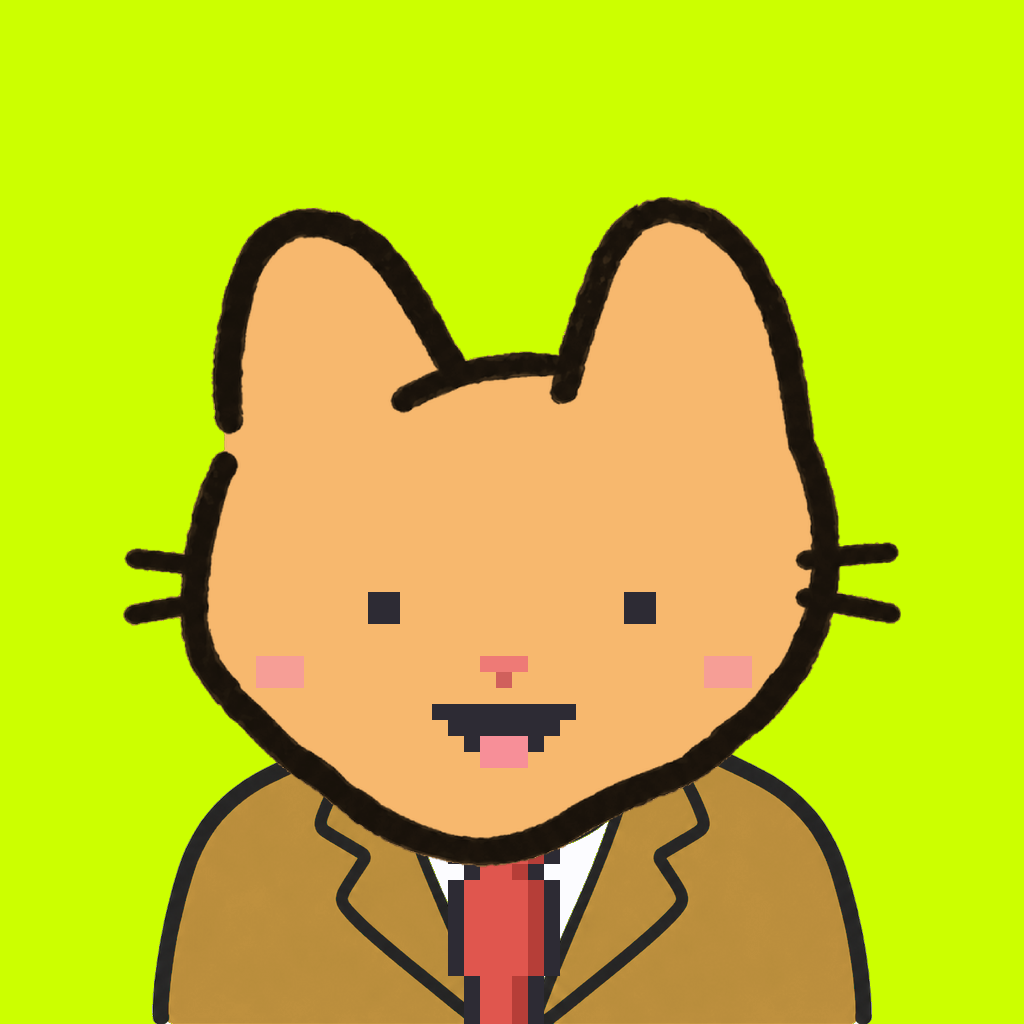 Employee #0291 — a tabby cat, in a mustard suit, with a red tie, on volt