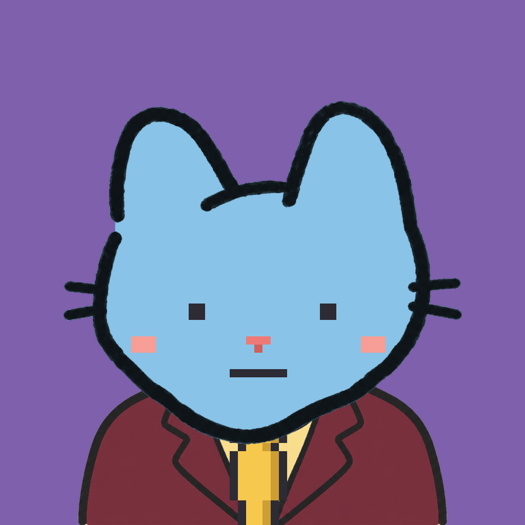 Employee #2910 — a sky cat, in a burgundy suit, with a gold tie, on plasma violet