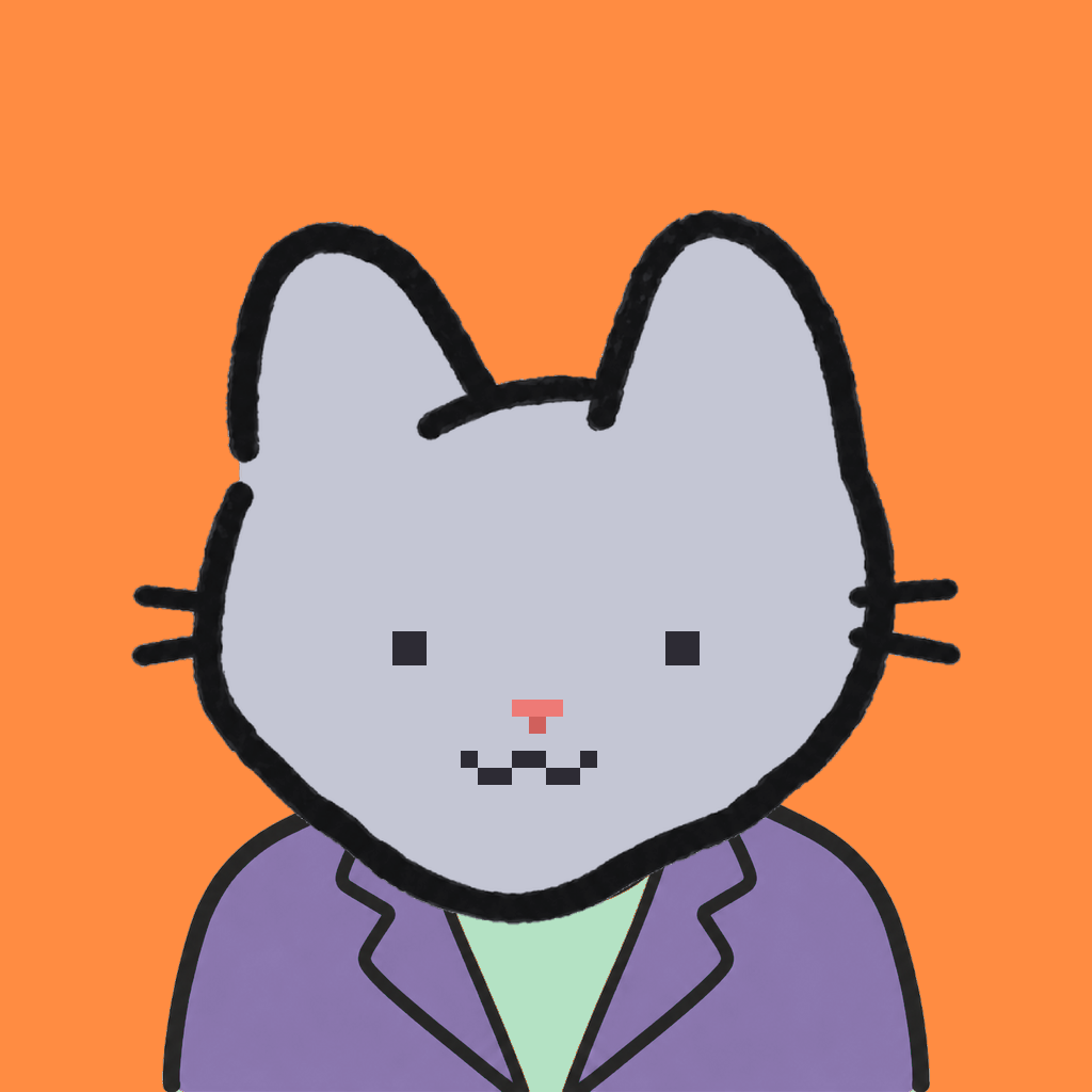 Employee #2911 — a gray cat, in a lavender suit, on tangerine