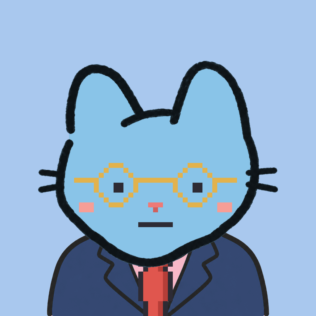 Employee #2912 — a sky cat, in a navy suit, with a red tie, wearing round-gold glasses, on sky