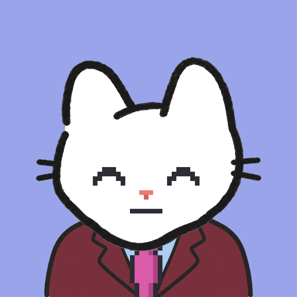 Employee #2913 — a white cat, in a burgundy suit, with a magenta tie, on periwinkle