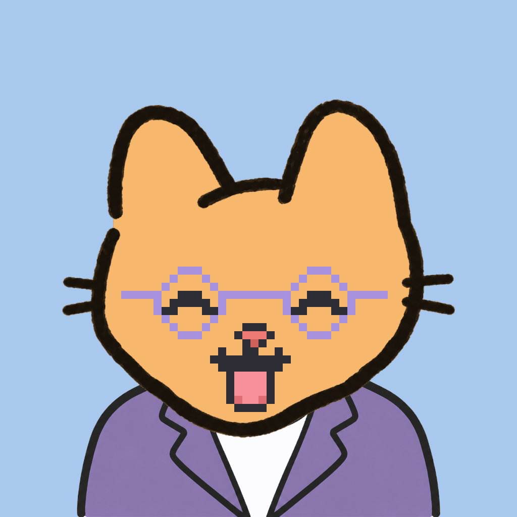 Employee #2914 — a tabby cat, in a lavender suit, wearing round-lavender glasses, on sky