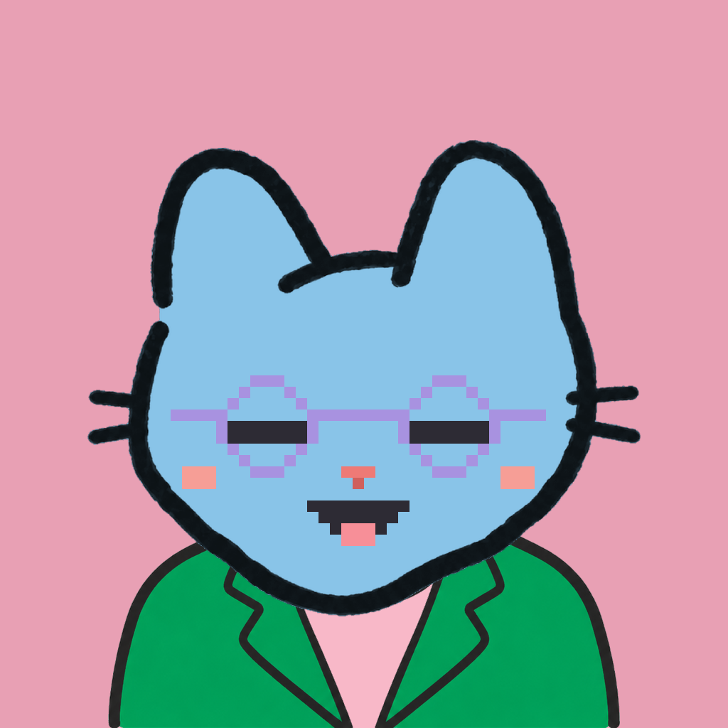 Employee #2915 — a sky cat, in a green suit, wearing round-lavender glasses, on rose