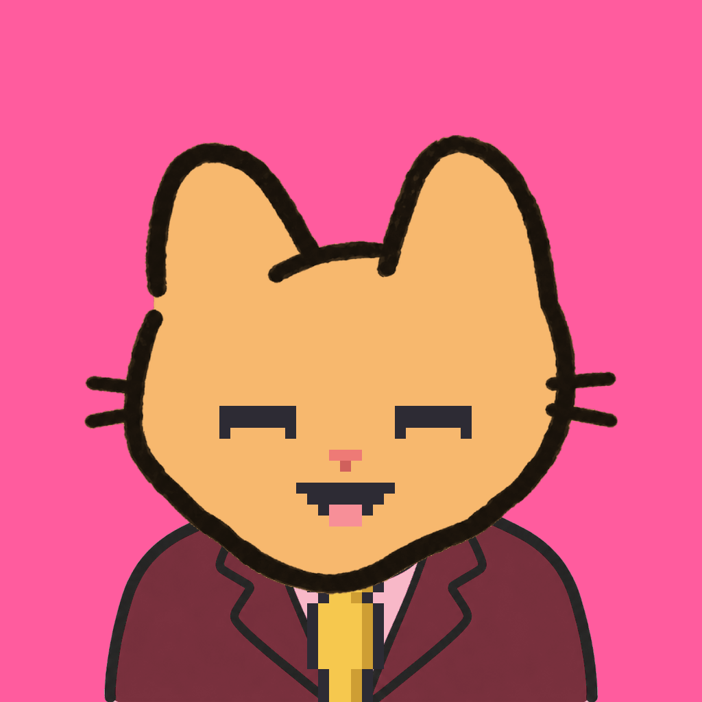 Employee #2916 — a tabby cat, in a burgundy suit, with a gold tie, on hot pink