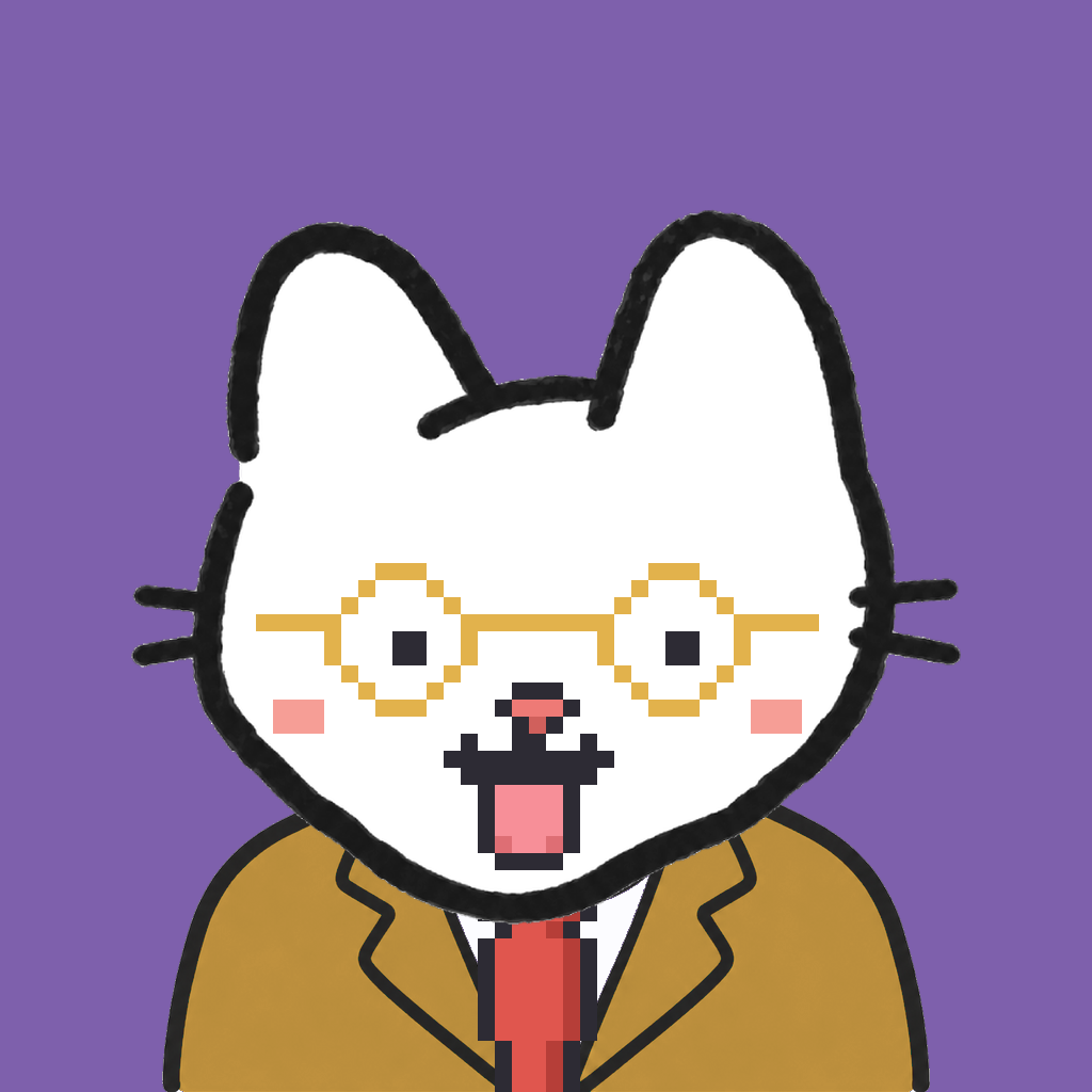Employee #2917 — a white cat, in a mustard suit, with a red tie, wearing round-gold glasses, on plasma violet