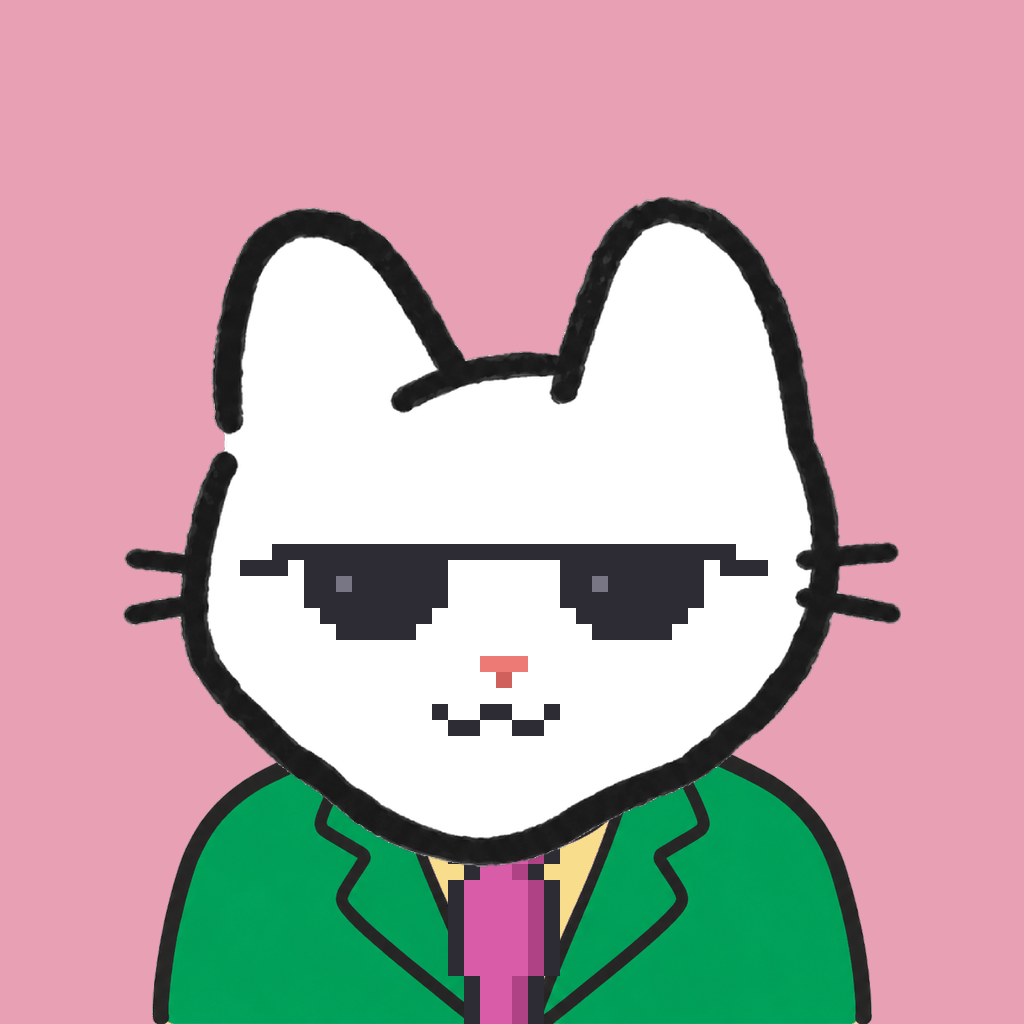 Employee #2918 — a white cat, in a green suit, with a magenta tie, wearing shades glasses, on rose