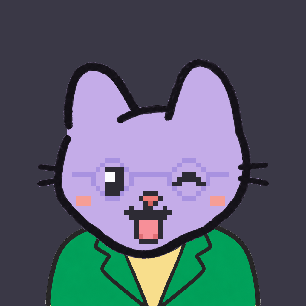 Employee #2919 — a lavender cat, in a green suit, wearing round-lavender glasses, on charcoal