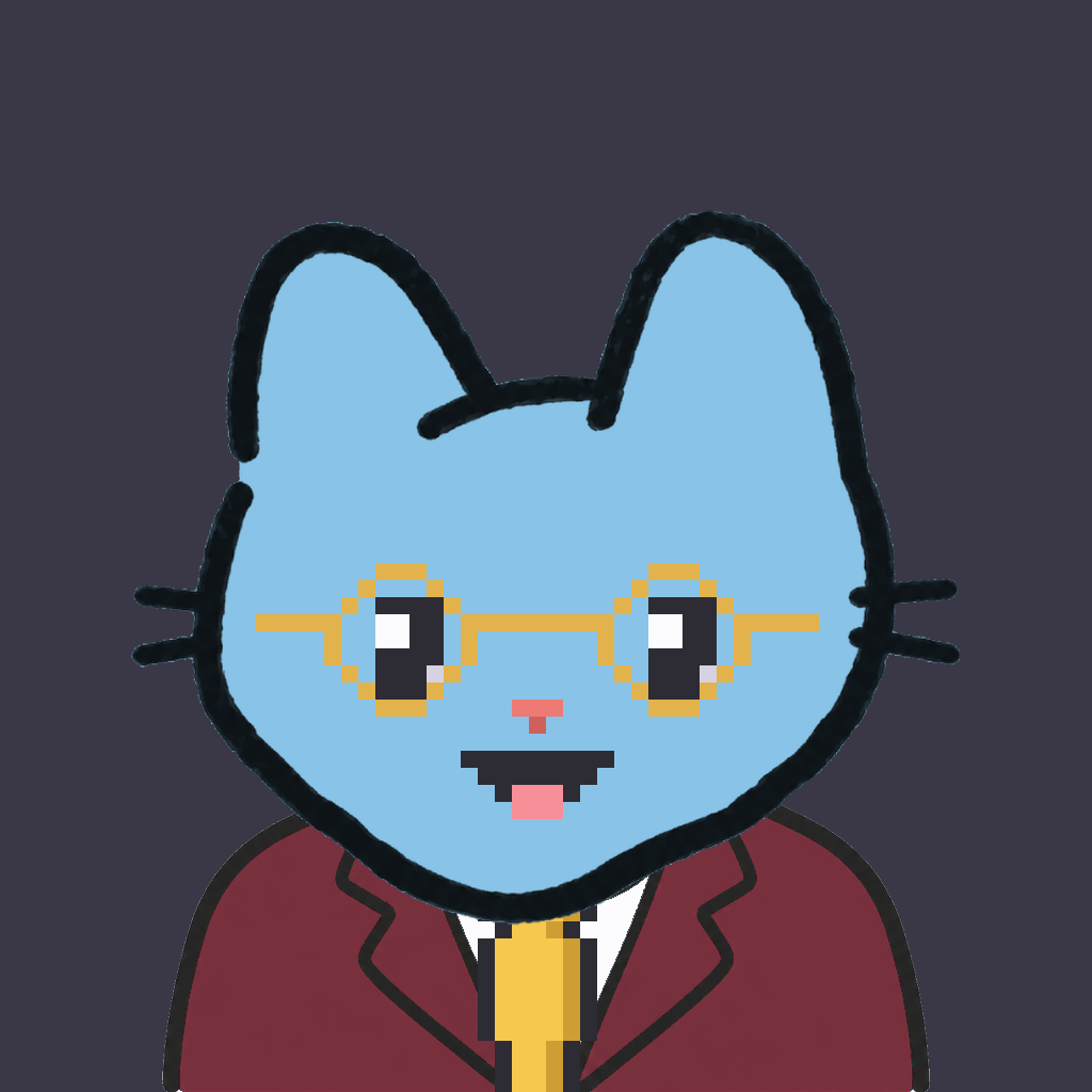Employee #0292 — a sky cat, in a burgundy suit, with a gold tie, wearing round-gold glasses, on charcoal