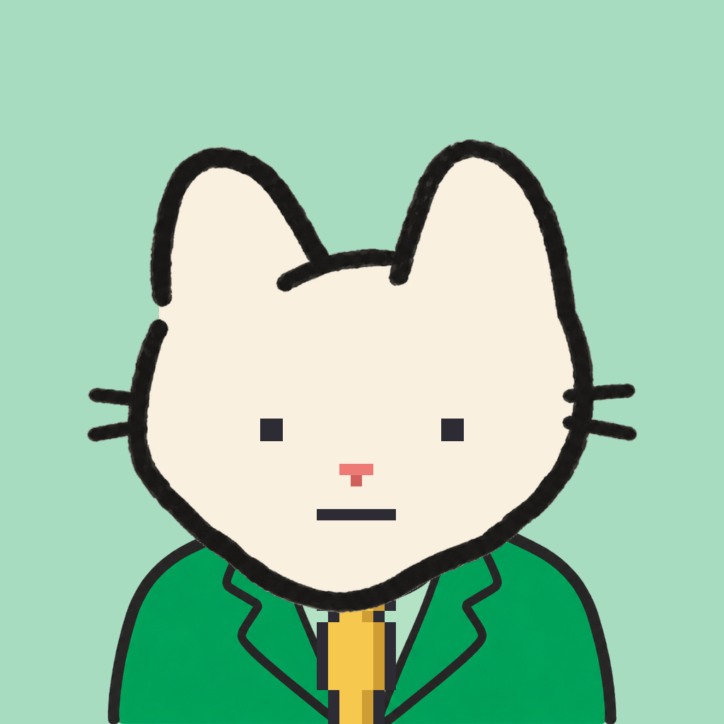 Employee #2921 — a cream cat, in a green suit, with a gold tie, on mint