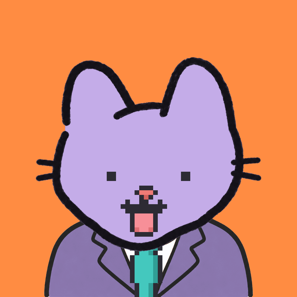 Employee #2922 — a lavender cat, in a lavender suit, with a teal tie, on tangerine
