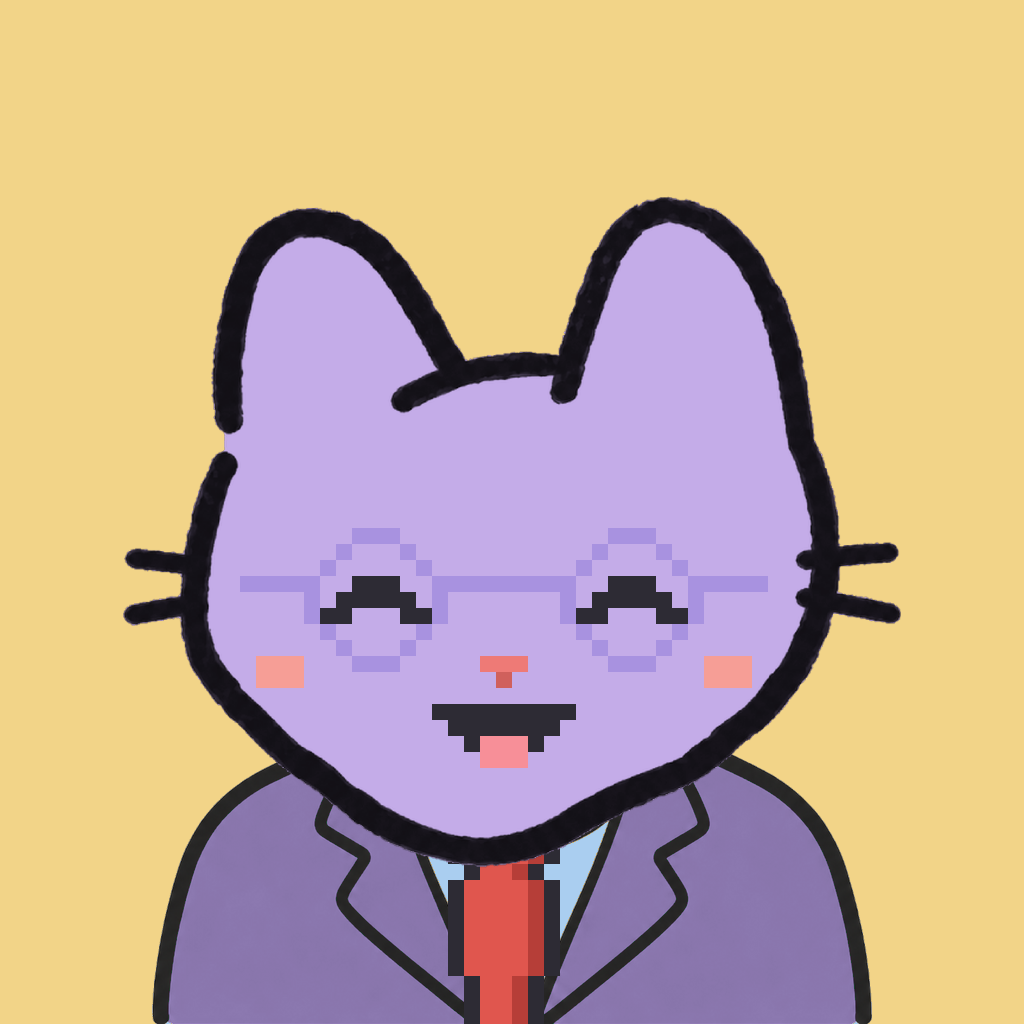 Employee #2923 — a lavender cat, in a lavender suit, with a red tie, wearing round-lavender glasses, on butter