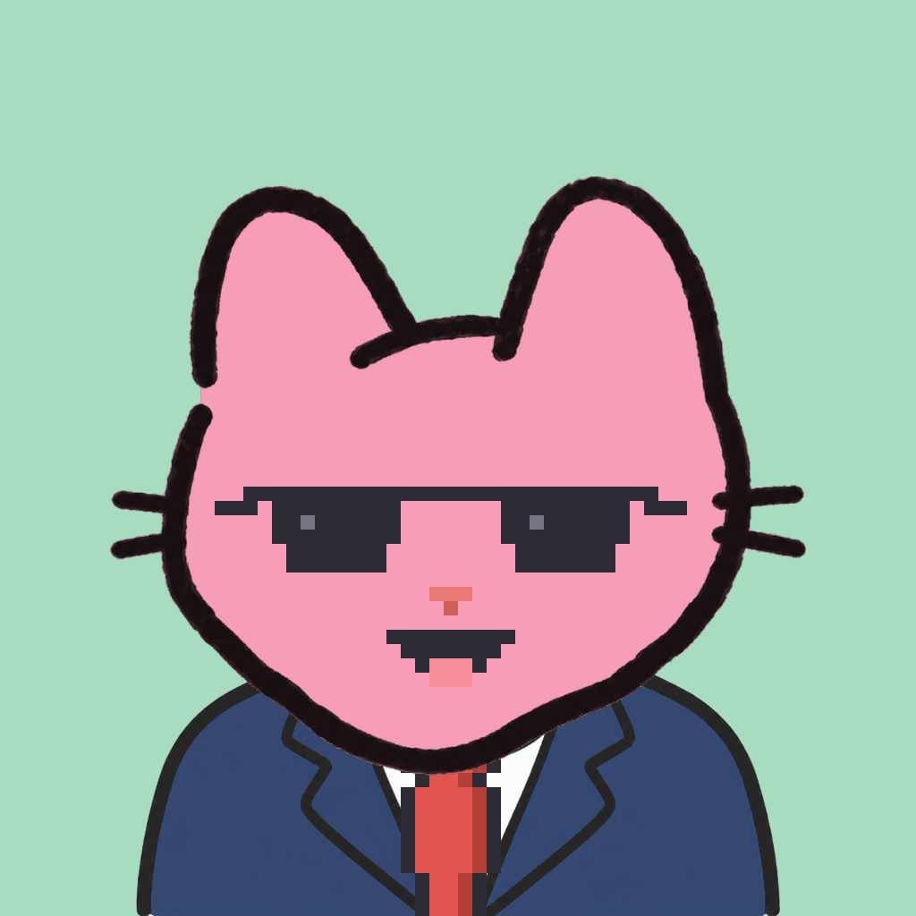 Employee #2924 — a pink cat, in a navy suit, with a red tie, wearing shades glasses, on mint