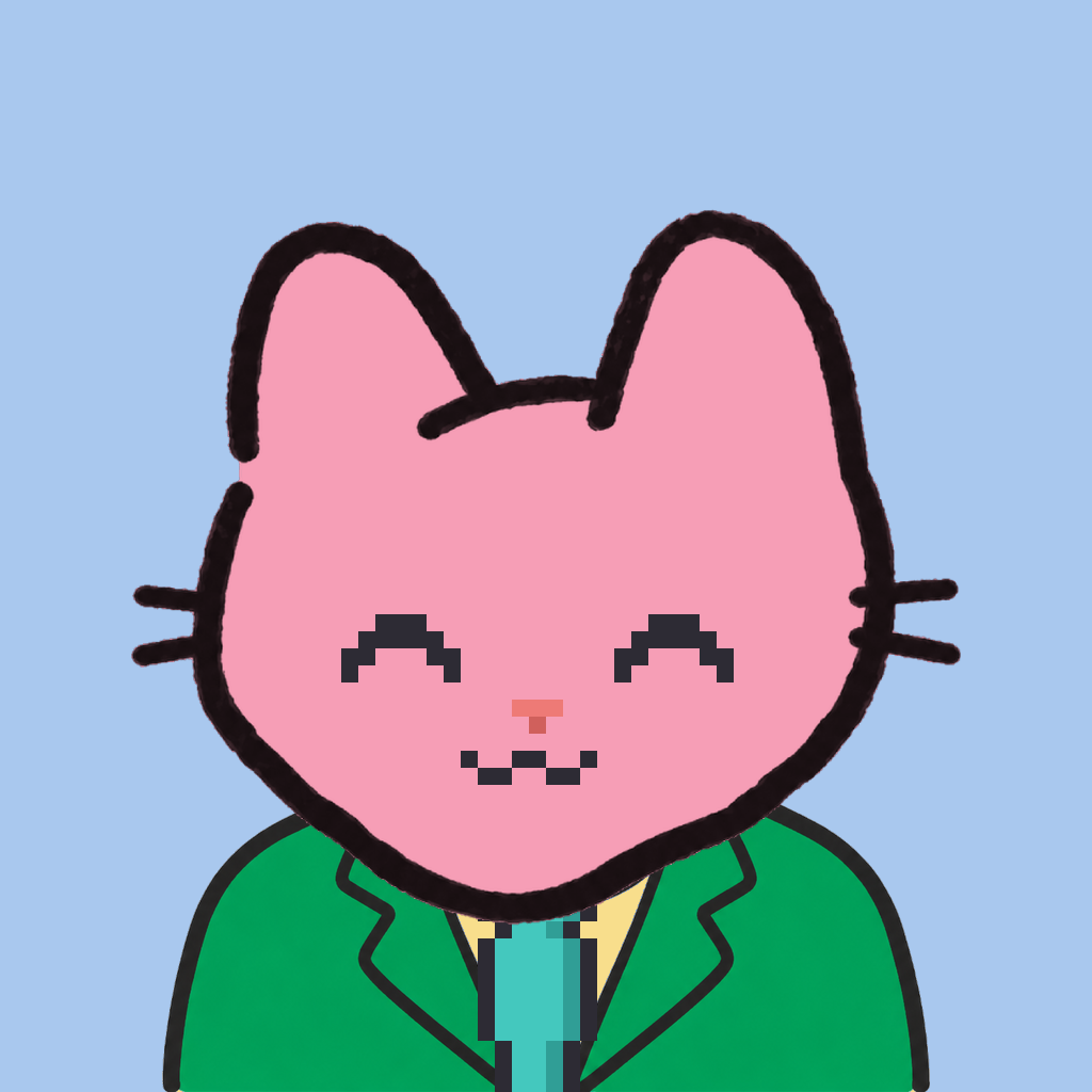 Employee #2925 — a pink cat, in a green suit, with a teal tie, on sky