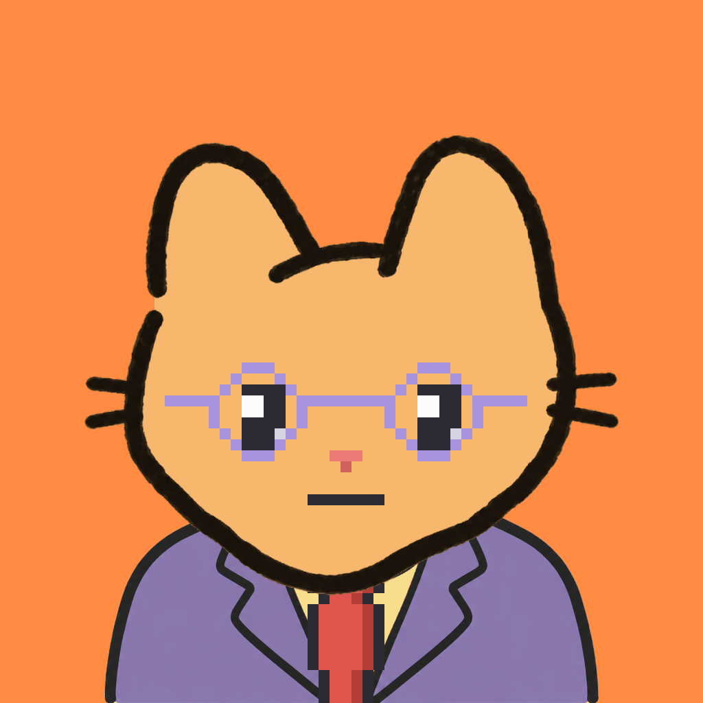 Employee #2926 — a tabby cat, in a lavender suit, with a red tie, wearing round-lavender glasses, on tangerine