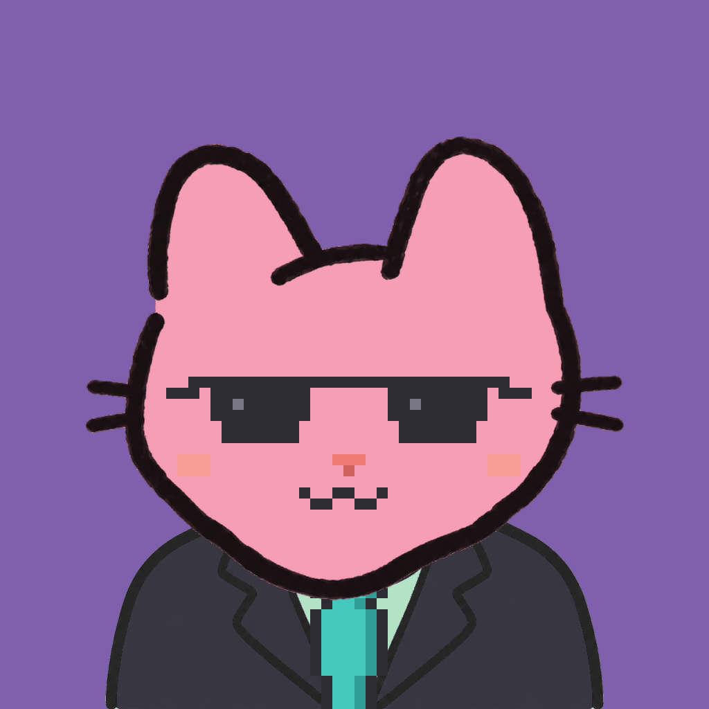 Employee #2927 — a pink cat, in a black suit, with a teal tie, wearing shades glasses, on plasma violet