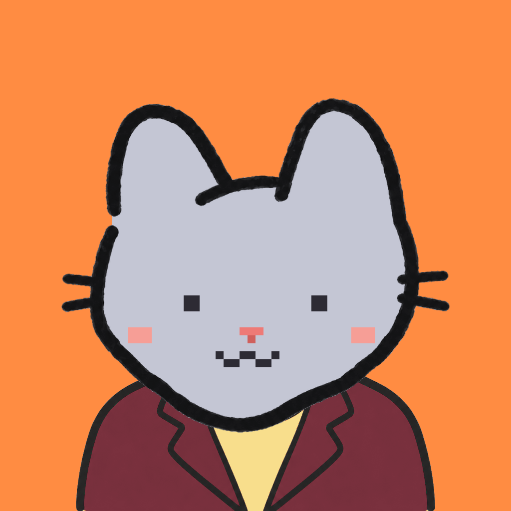 Employee #2928 — a gray cat, in a burgundy suit, on tangerine