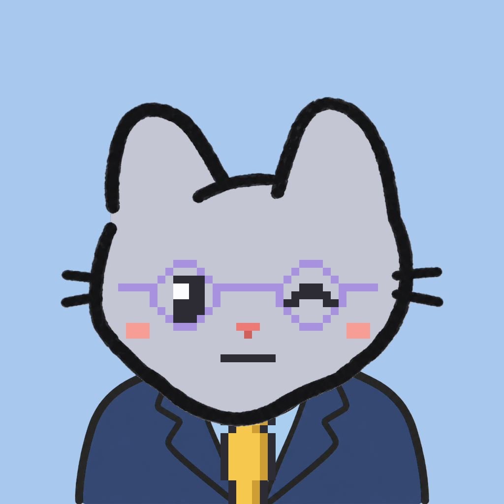 Employee #2929 — a gray cat, in a navy suit, with a gold tie, wearing round-lavender glasses, on sky