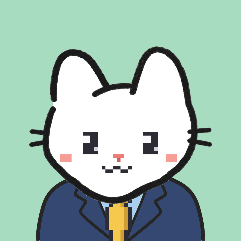 Employee #0293 — a white cat, in a navy suit, with a gold tie, on mint