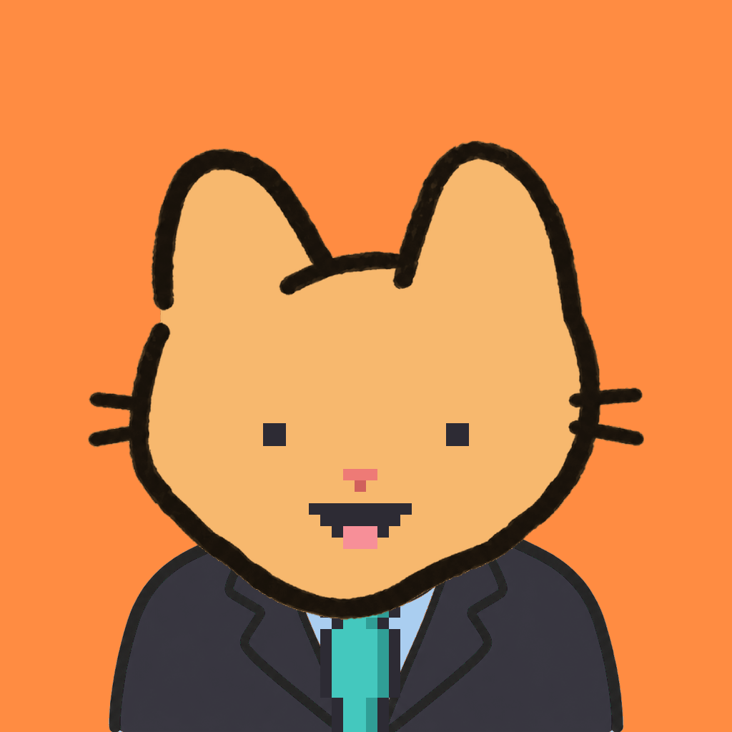 Employee #2930 — a tabby cat, in a black suit, with a teal tie, on tangerine