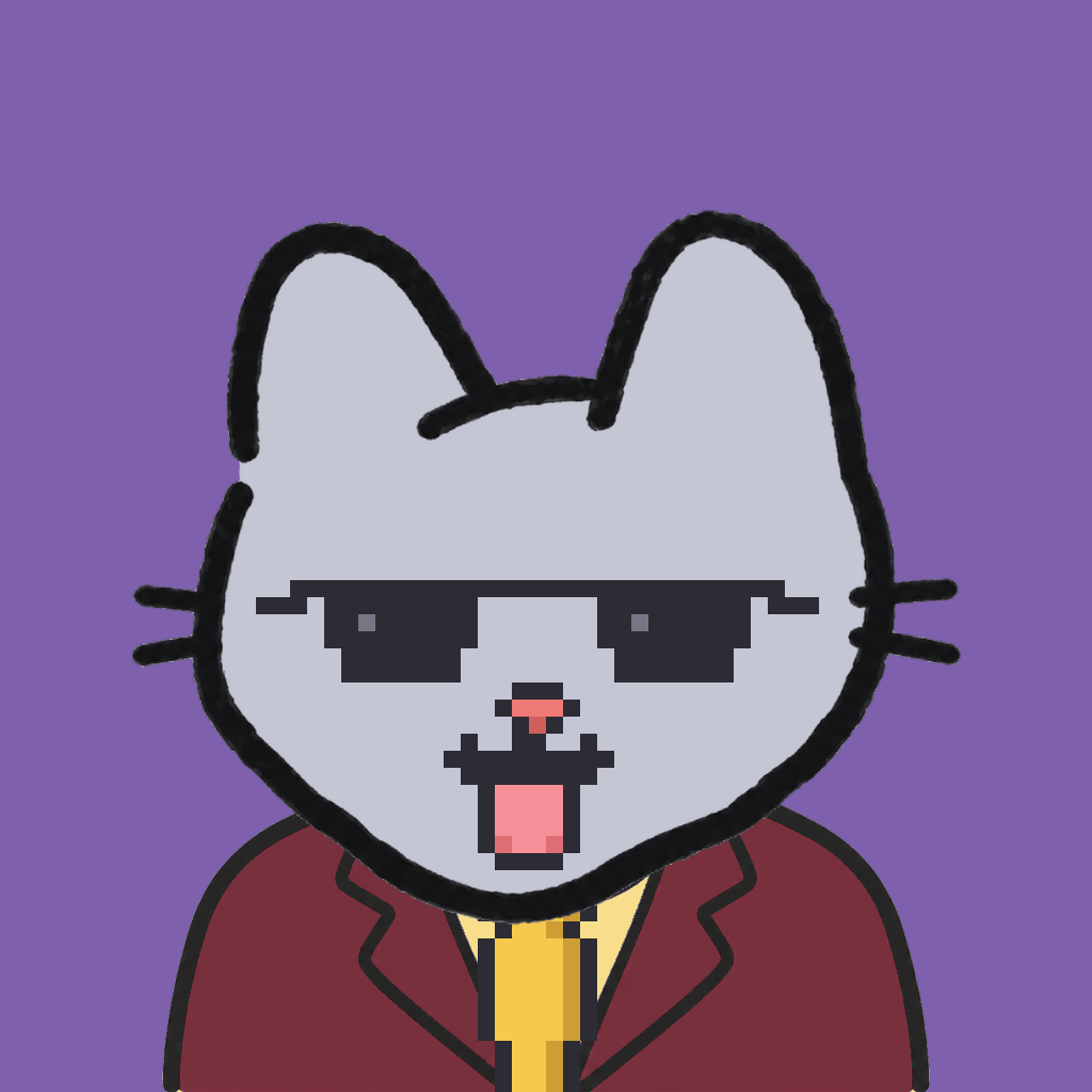 Employee #2931 — a gray cat, in a burgundy suit, with a gold tie, wearing shades glasses, on plasma violet