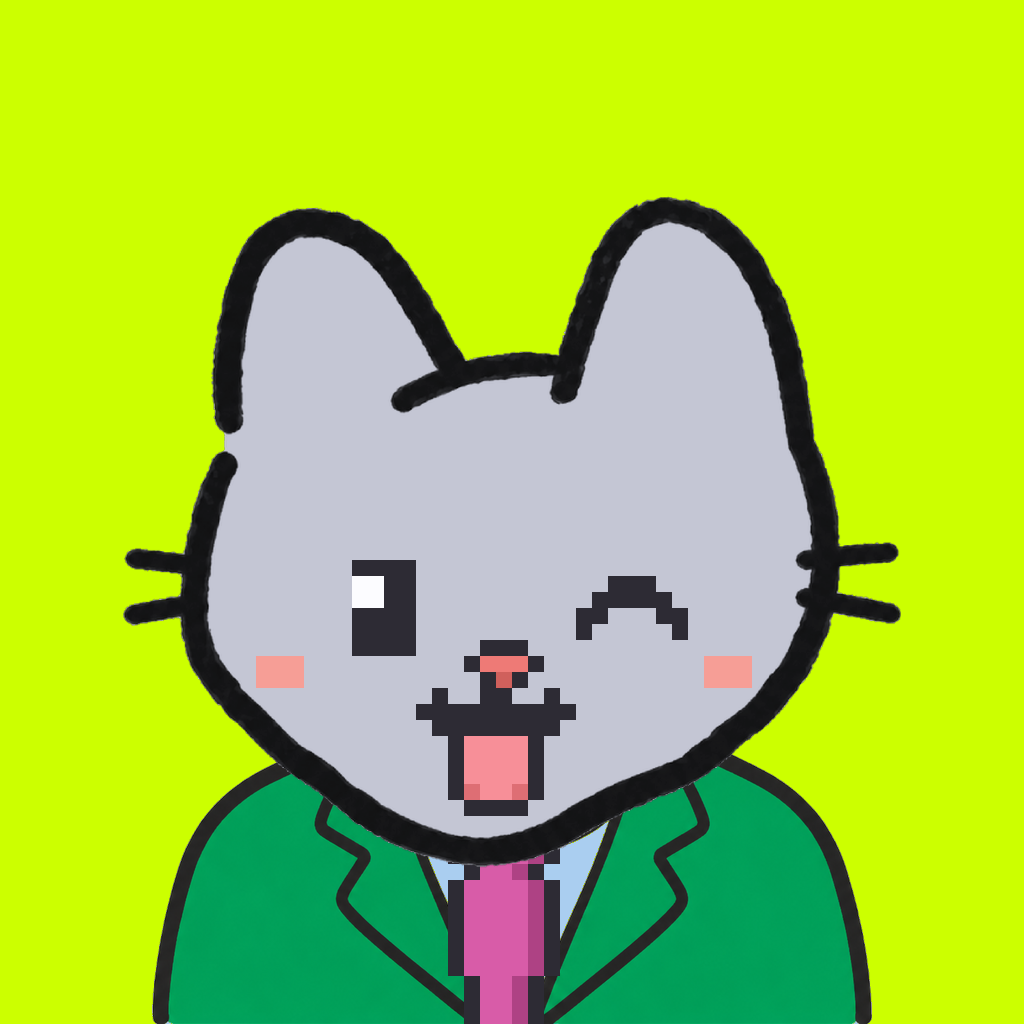 Employee #2932 — a gray cat, in a green suit, with a magenta tie, on volt