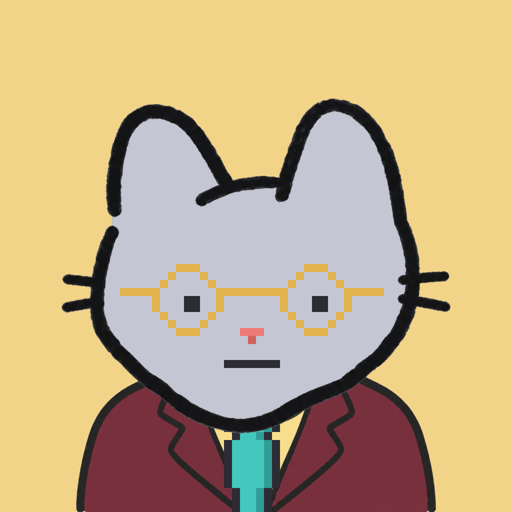 Employee #2933 — a gray cat, in a burgundy suit, with a teal tie, wearing round-gold glasses, on butter
