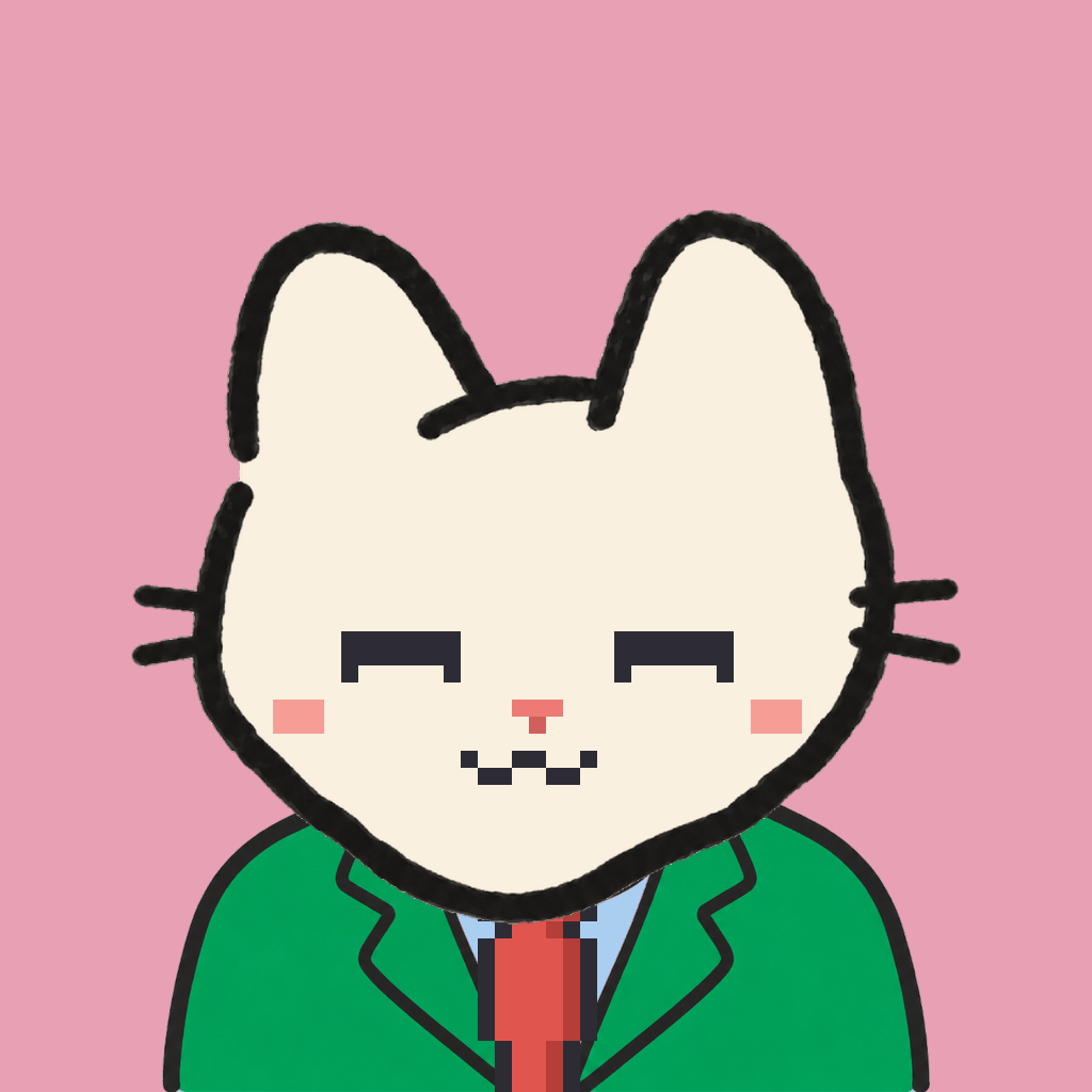Employee #2934 — a cream cat, in a green suit, with a red tie, on rose
